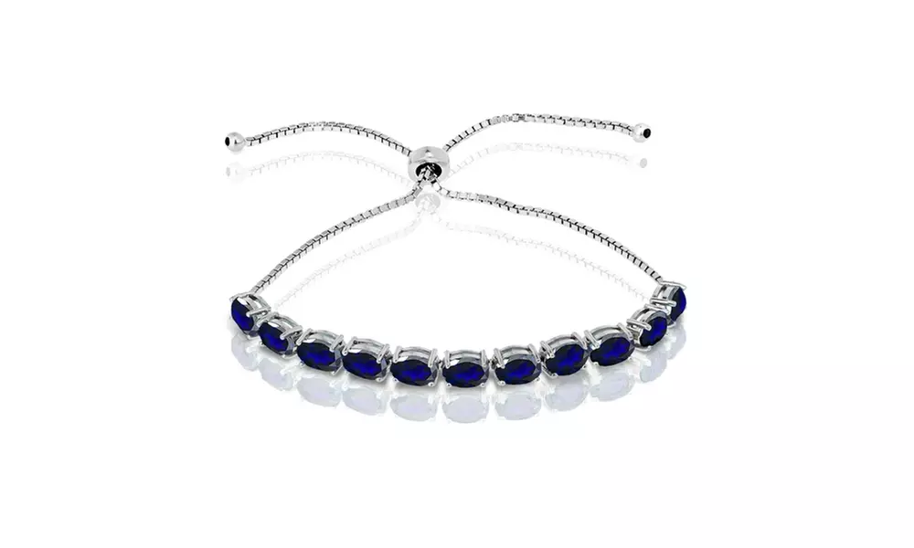 Sterling Silver Created Blue Sapphire 7x5mm Oval-cut Adjustable Tennis Bracelet