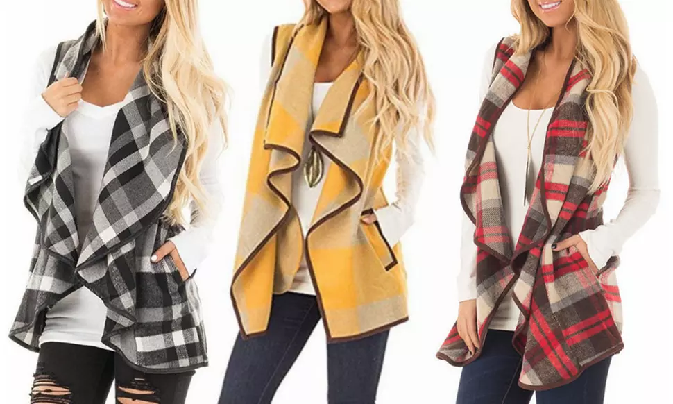 Women's Lapel Open Front Sleeveless Color Block Plaid Vest with Pockets - Primary Image