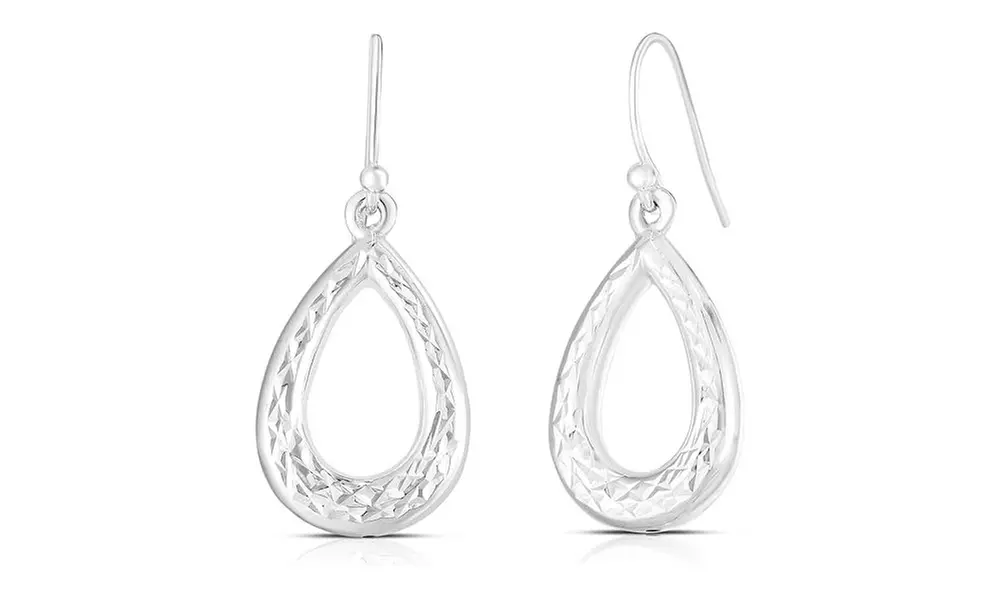 Italian Made 925 Sterling Silver Diamond Cut Teardrop Hook Earrings For Women