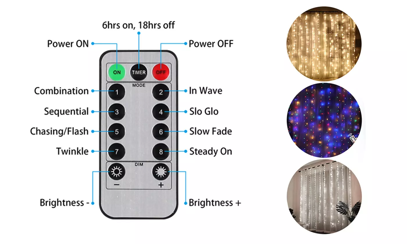 300 LED 10ft Outdoor Curtain String Fairy String Lights With Remote 
