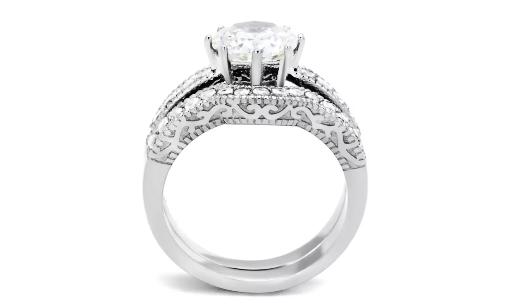 Women's Round Cut Cubic Zirconia Stainless Steel Wedding Ring Set 