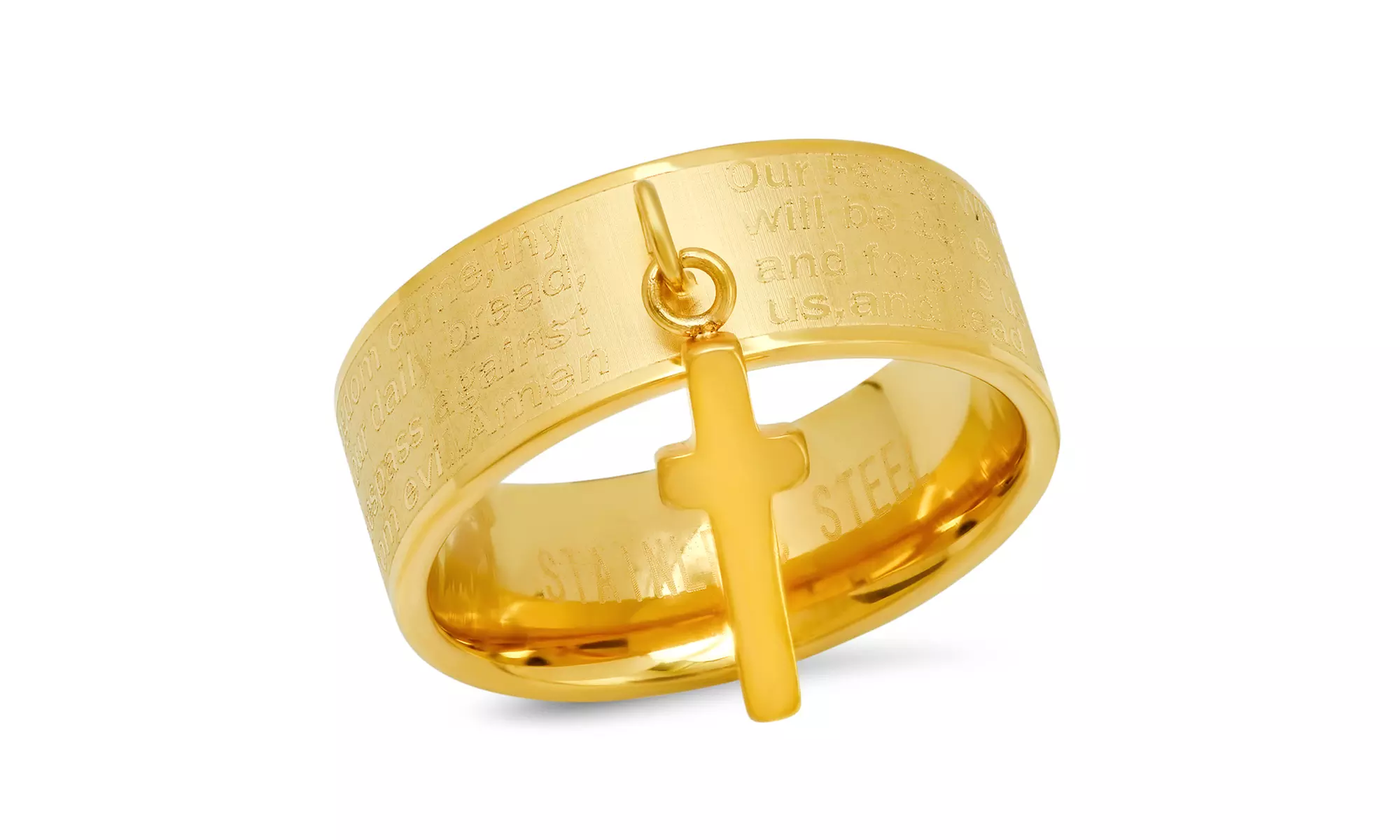 Ladies Stainless Steel Our Father English Prayer Band Ring With Cross Charm