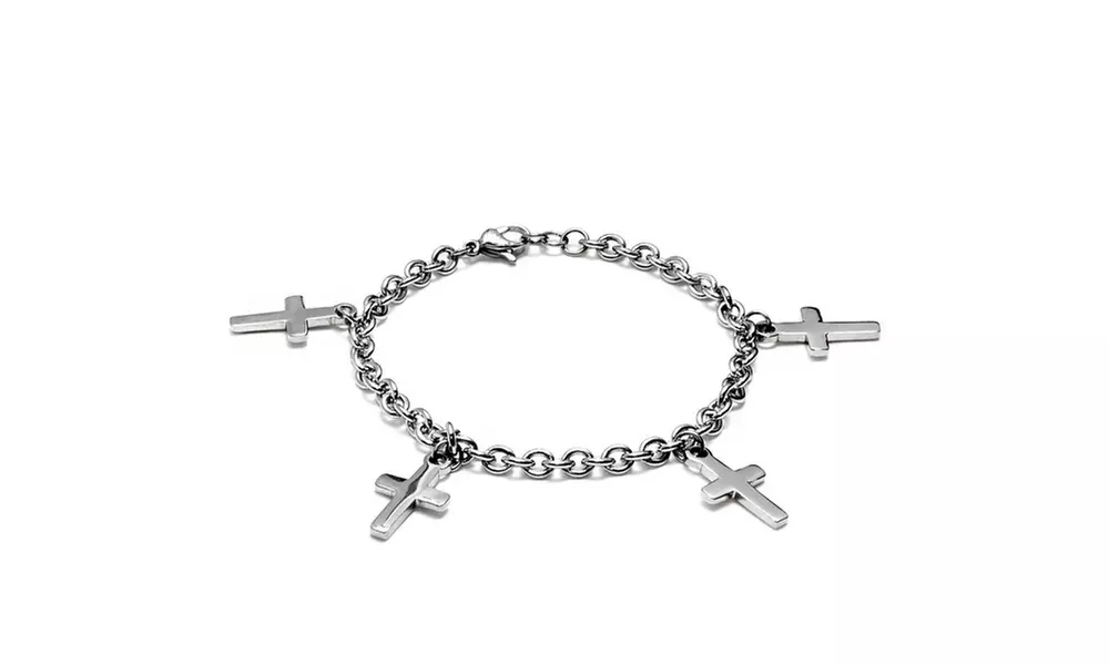 Two-tone Stainless Steel Dangling Cross Charm Bracelet - Primary Image