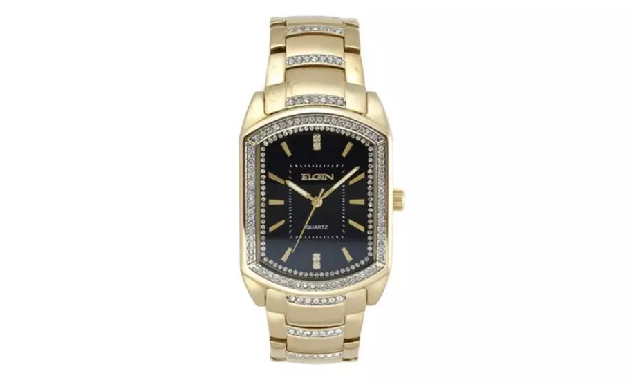 ELGIN Men's Watch Analog Gold Case and strap, Blk Dial with Box FG8079 - Primary Image