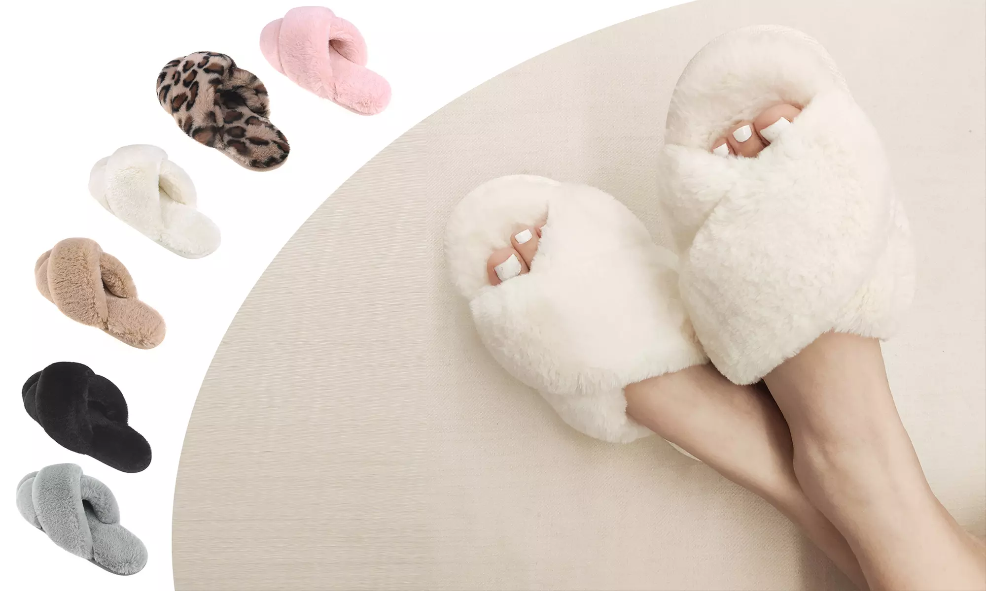 Faux Fur Cross Slide Slippers with Memory Foam