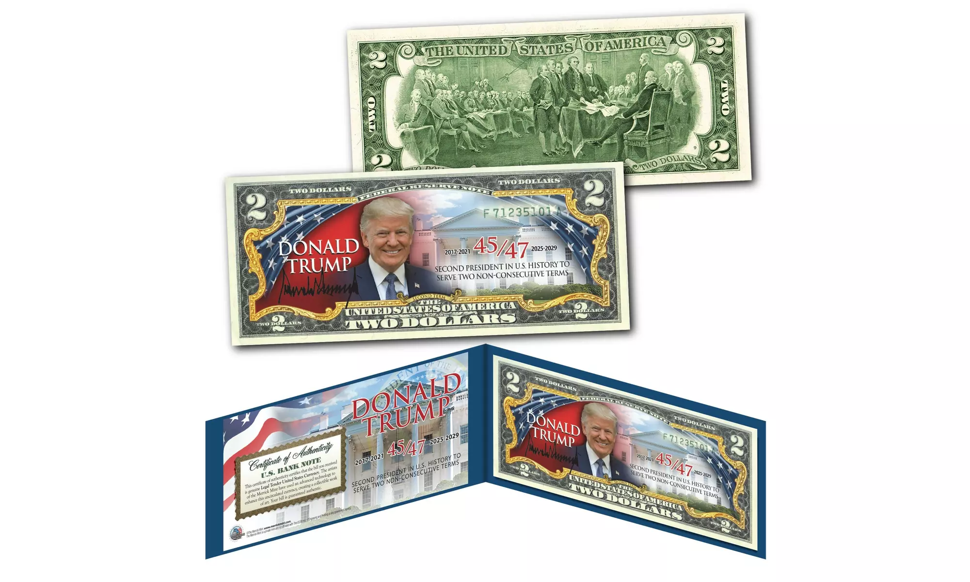 Donald Trump 47th President *Flag* 45/47 Official Genuine 2.00 Dollar Bill 