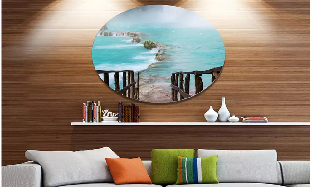 Old Bridge into Mexico Waterfall' Seashore Metal Circle Wall Art - Primary Image