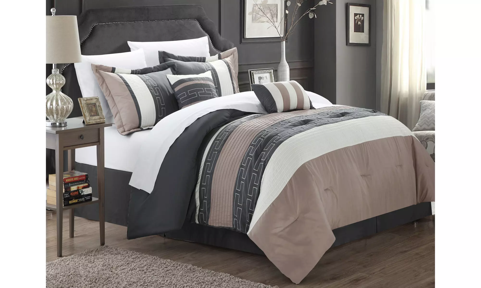 Carly 10 Pc Comforter Embroidered Color Block Bed in a Bag - Sheets Included - Second Medium