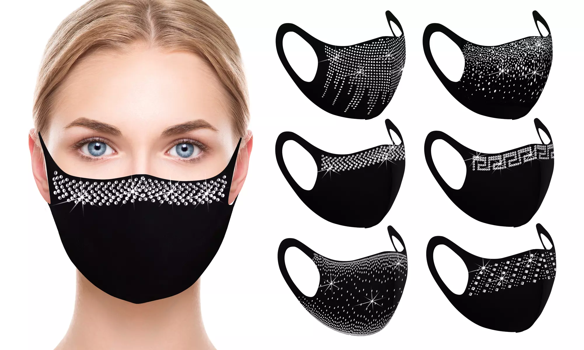 6 Pack : Rhinestone Chic Bling Face Mask - Second Medium
