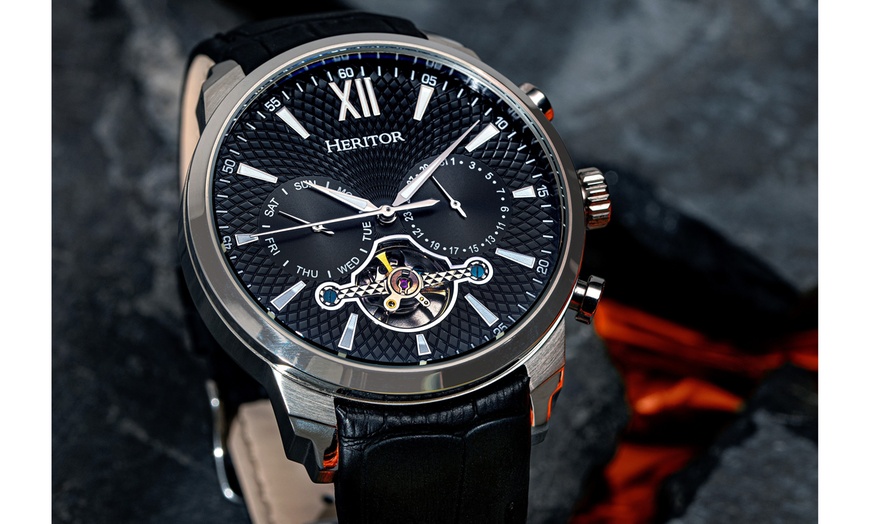 Heritor Automatic Arthur Semi-Skeleton Leather-Band Watch w/Day/Date ...