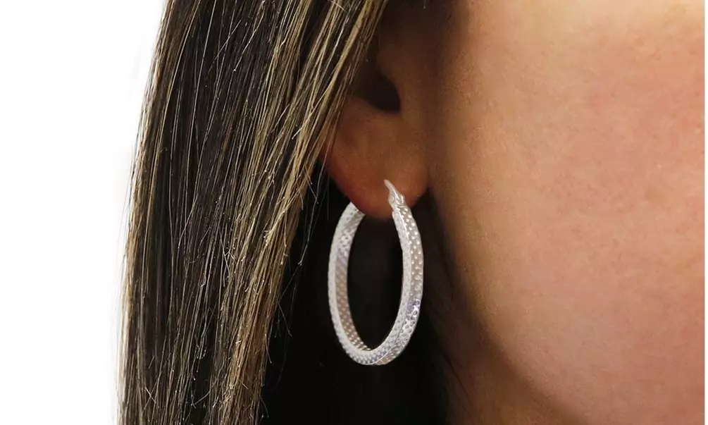 Italian Sterling Silver 30MM or 40MM Laser Cut Etched Hoop Earrings - Primary Image
