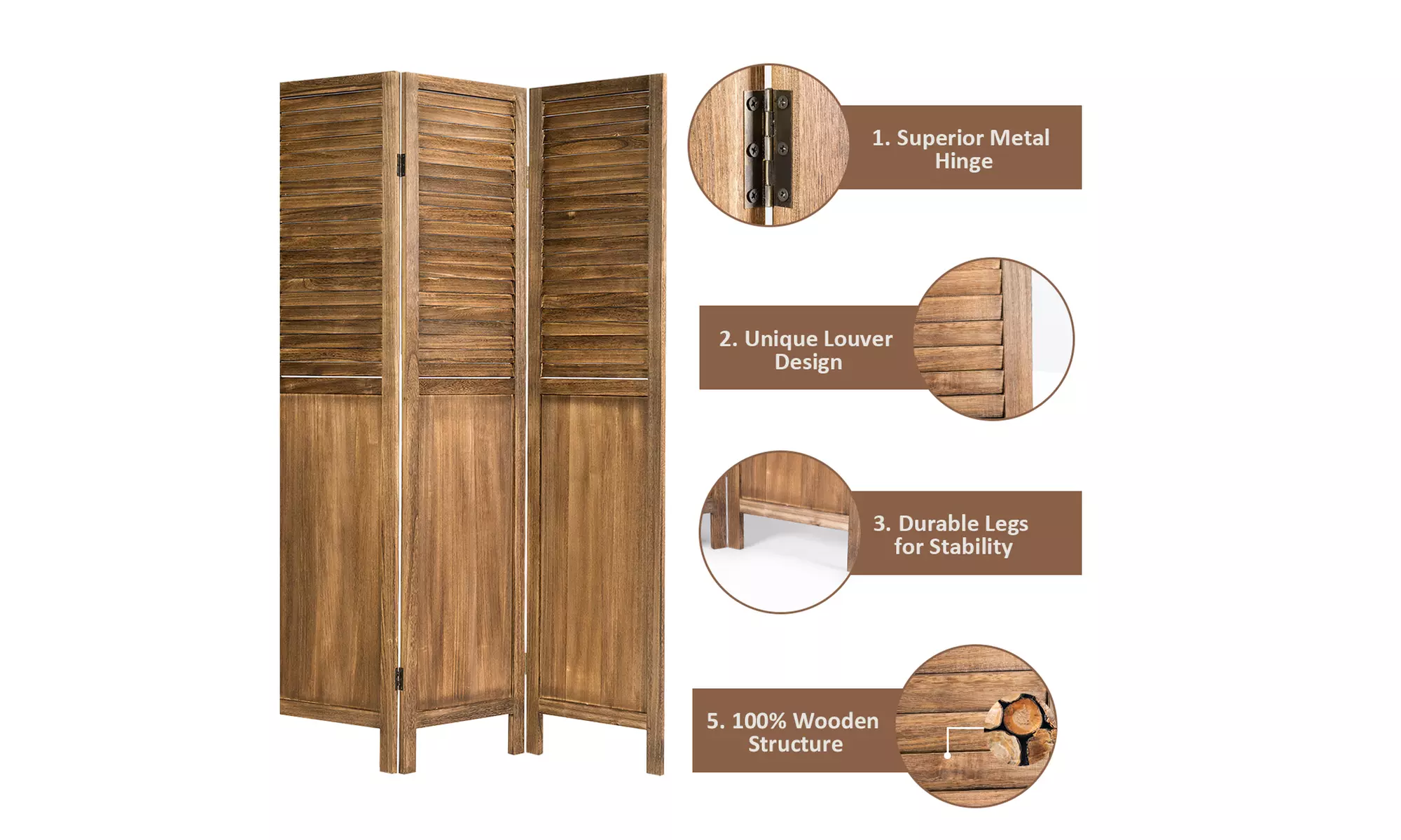 Costway 4 Panel Folding Privacy Room Divider Screen 5.6 Ft Tall Brown