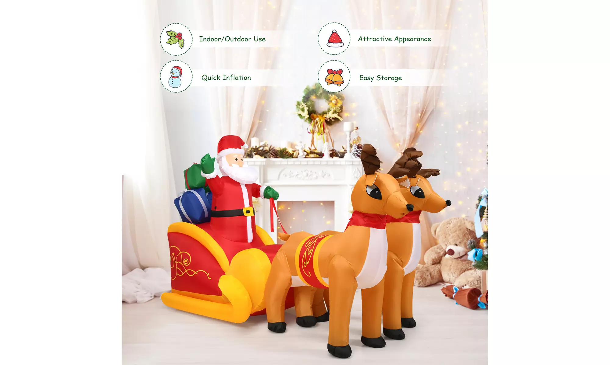 7.5 Ft Inflatable Santa Double Deer w/Sled Christmas Outdoor Decoration