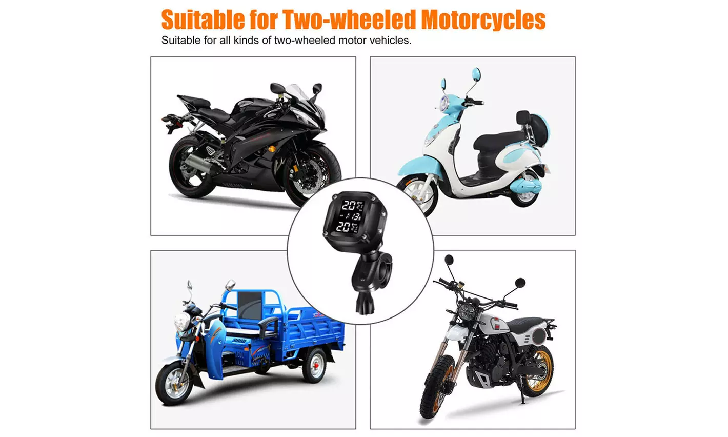 Wireless Motorcycle TPMS Tire Tyre Pressure Monitor System w/ 2 External Sensors