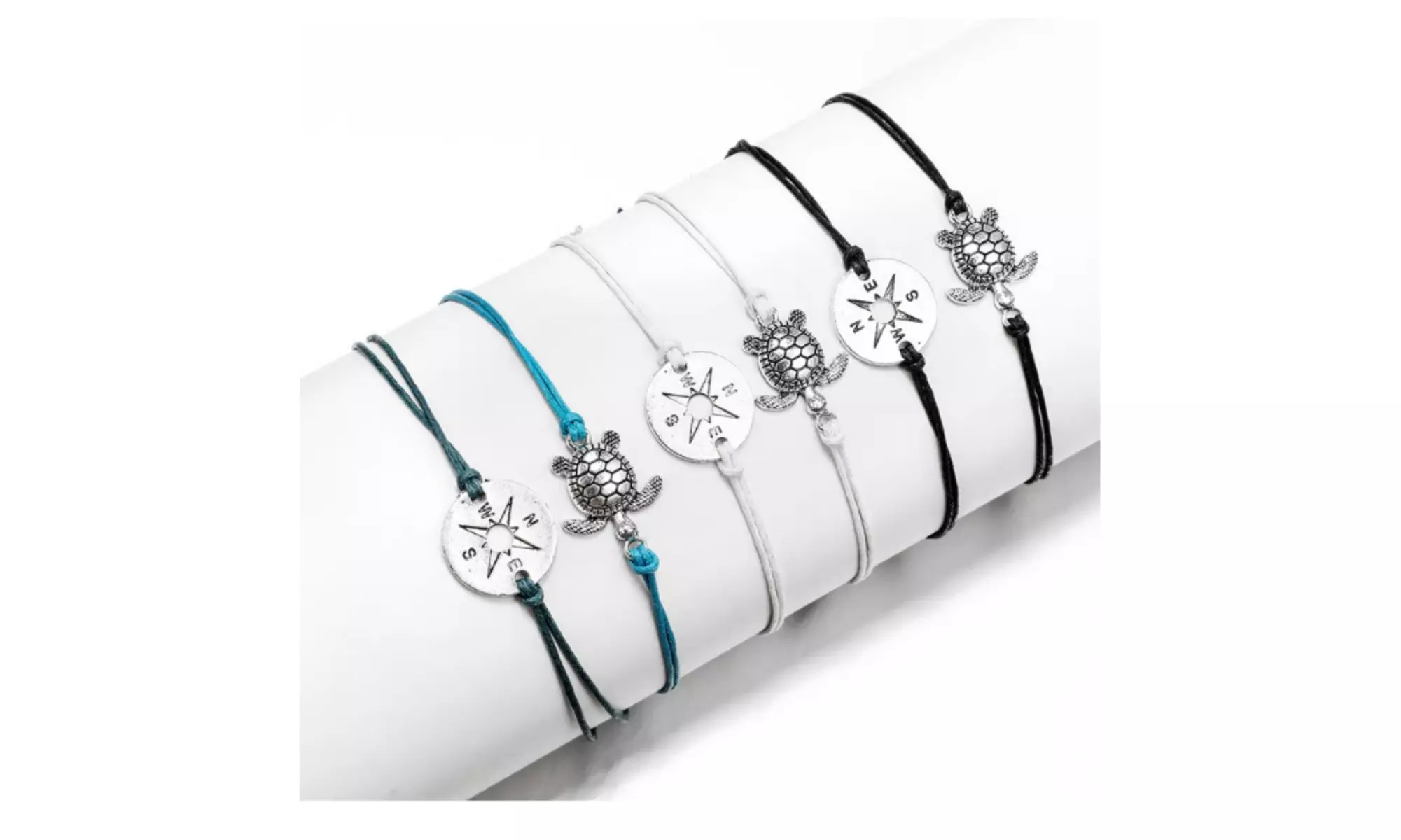 Compass Turtle Charm Rope String Anklet Bracelet Set - Primary Image