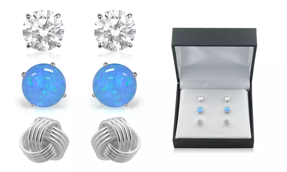 Sterling Silver Trio Blue Opal and Love Knot Stud Set In a Box By MUIBLU Gems