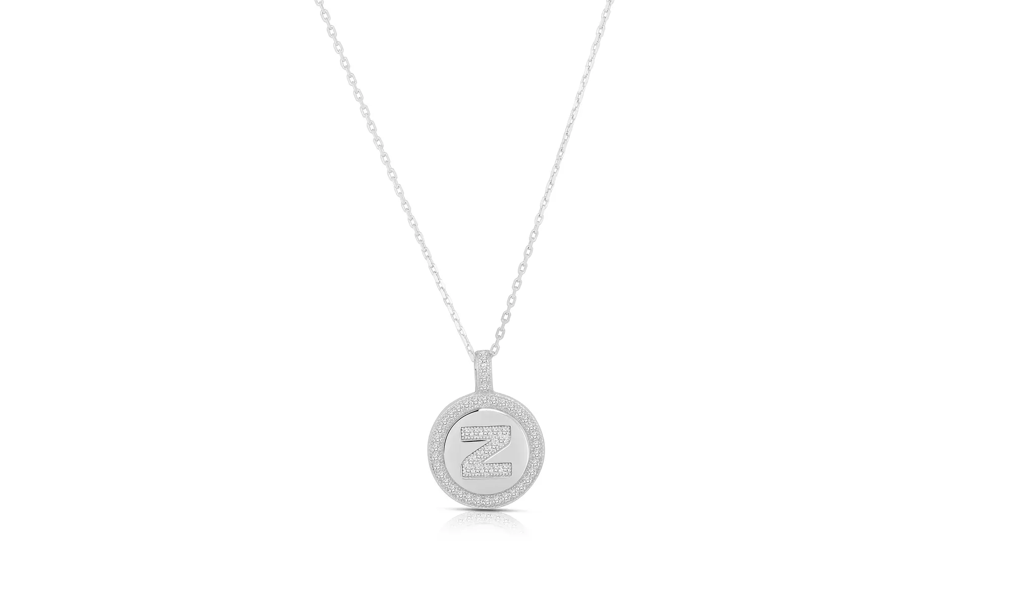 Sterling Silver Crystal Round Disc Initial Pendant Necklace