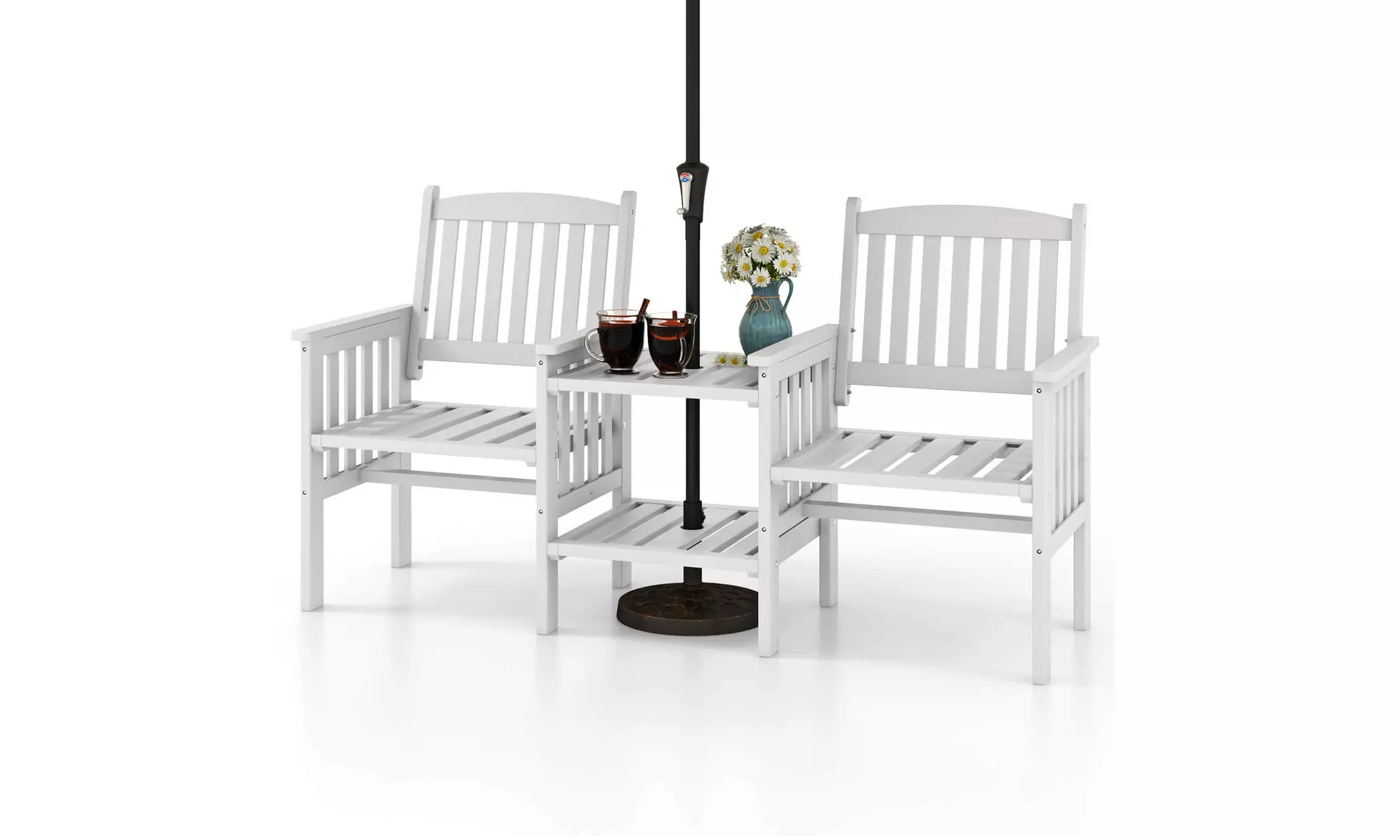 Costway Outdoor Fir Wood Loveseat with 2-Tier Side Table and 1.96" Umbrella Hole