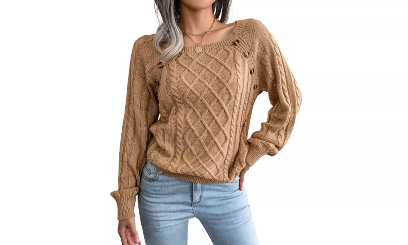 Women's Bishop Sleeve Sweater Button Decor Solid Color Pullover Jumper Tops
