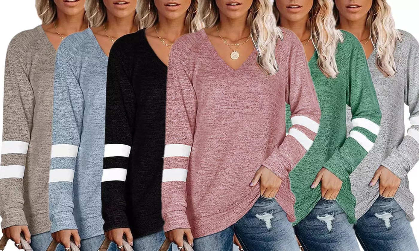LESIES Women's V-Neck Tunic Style Short or Long Sleeve T-Shirts (S-2XL)