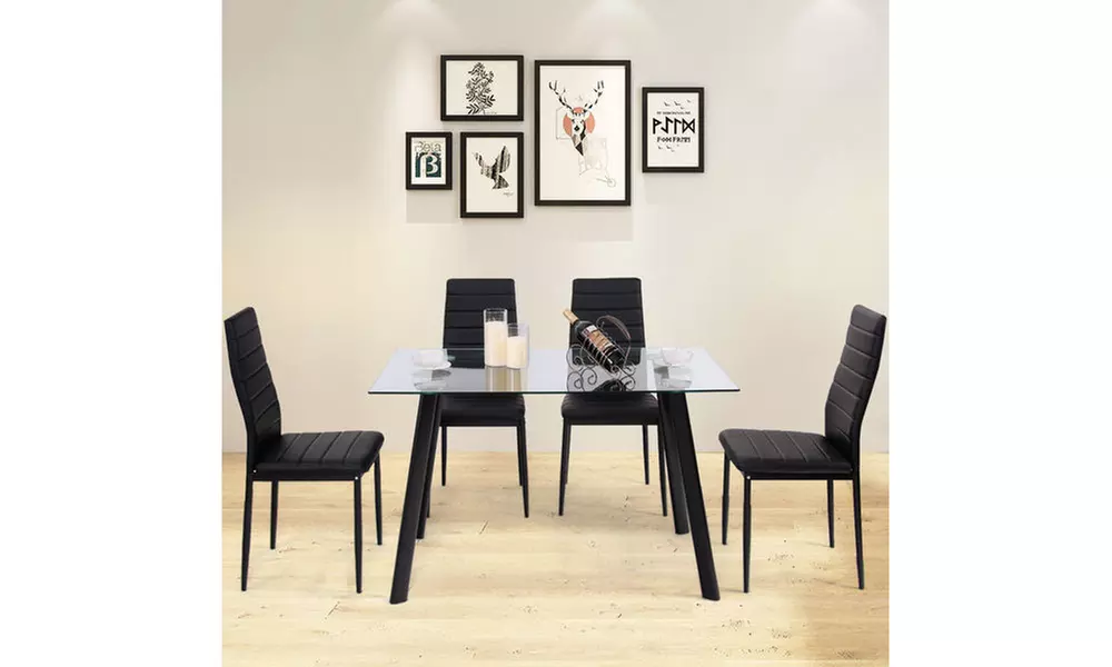 Modern Glass Dining Table Set Tempered Glass w/4 Chairs Black - Primary Image