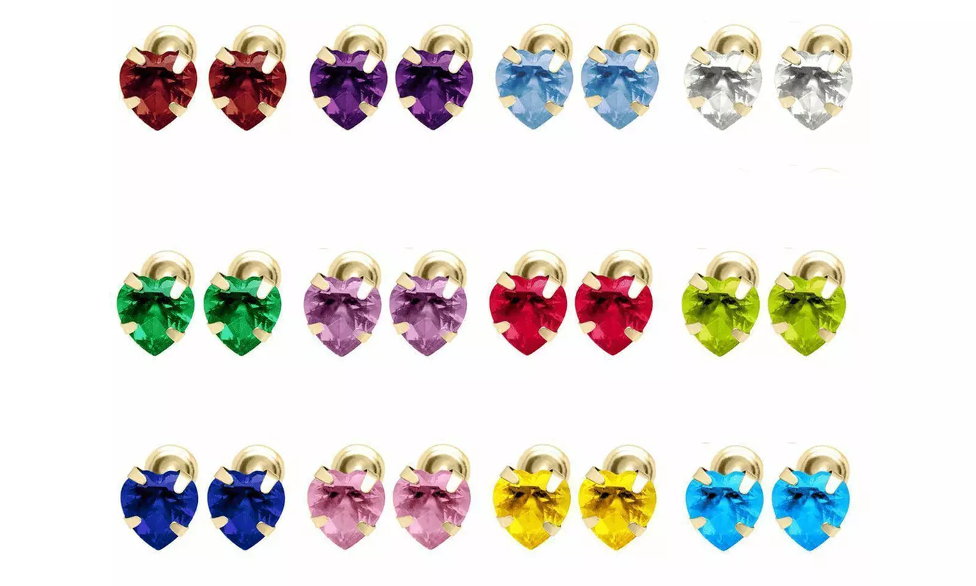 12 Pack 14k Gold Birthstone Heart Studs - Primary Image