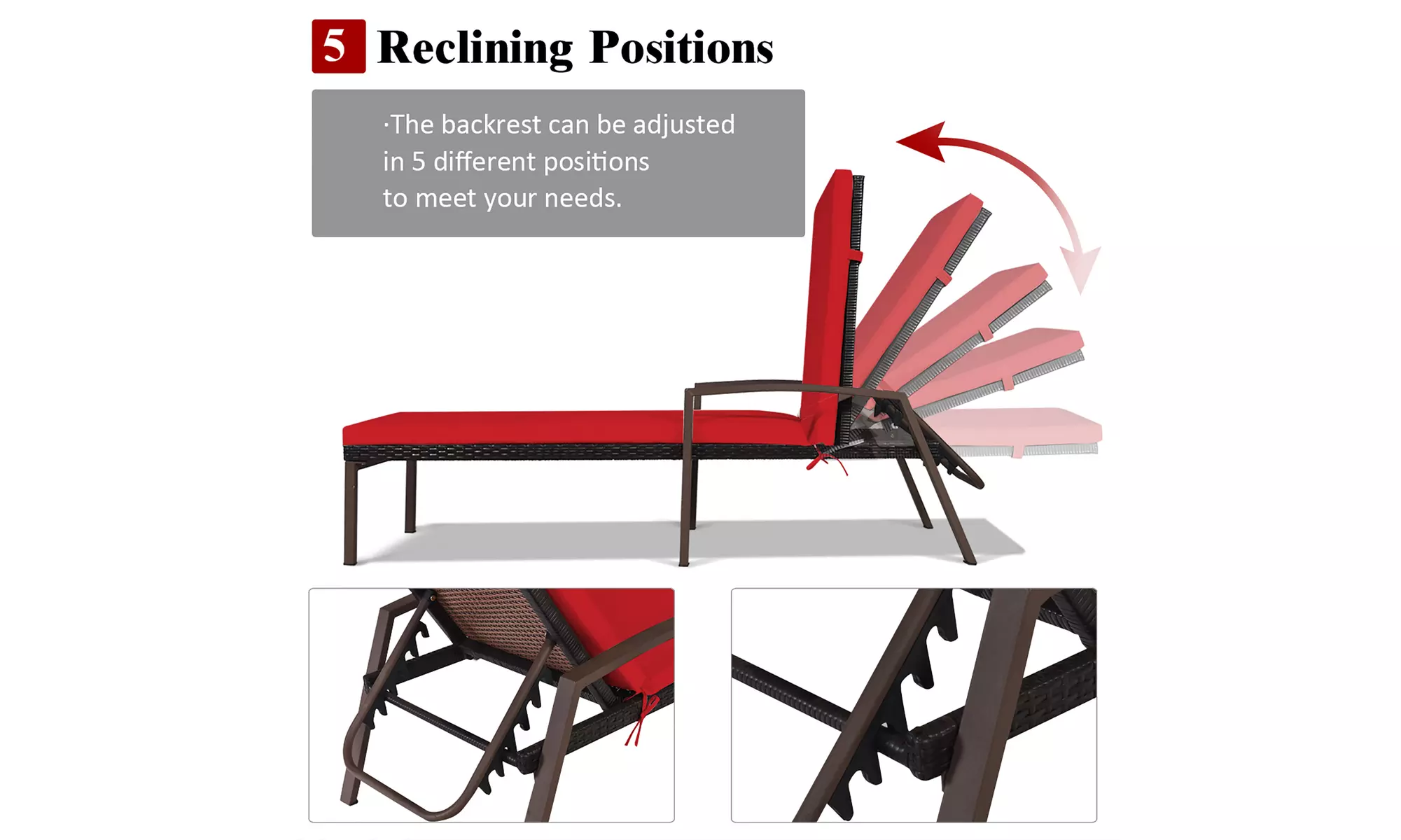 Costway 2PCS Patio Rattan Lounge Chair Chaise Recliner Back Adjustable Cushion