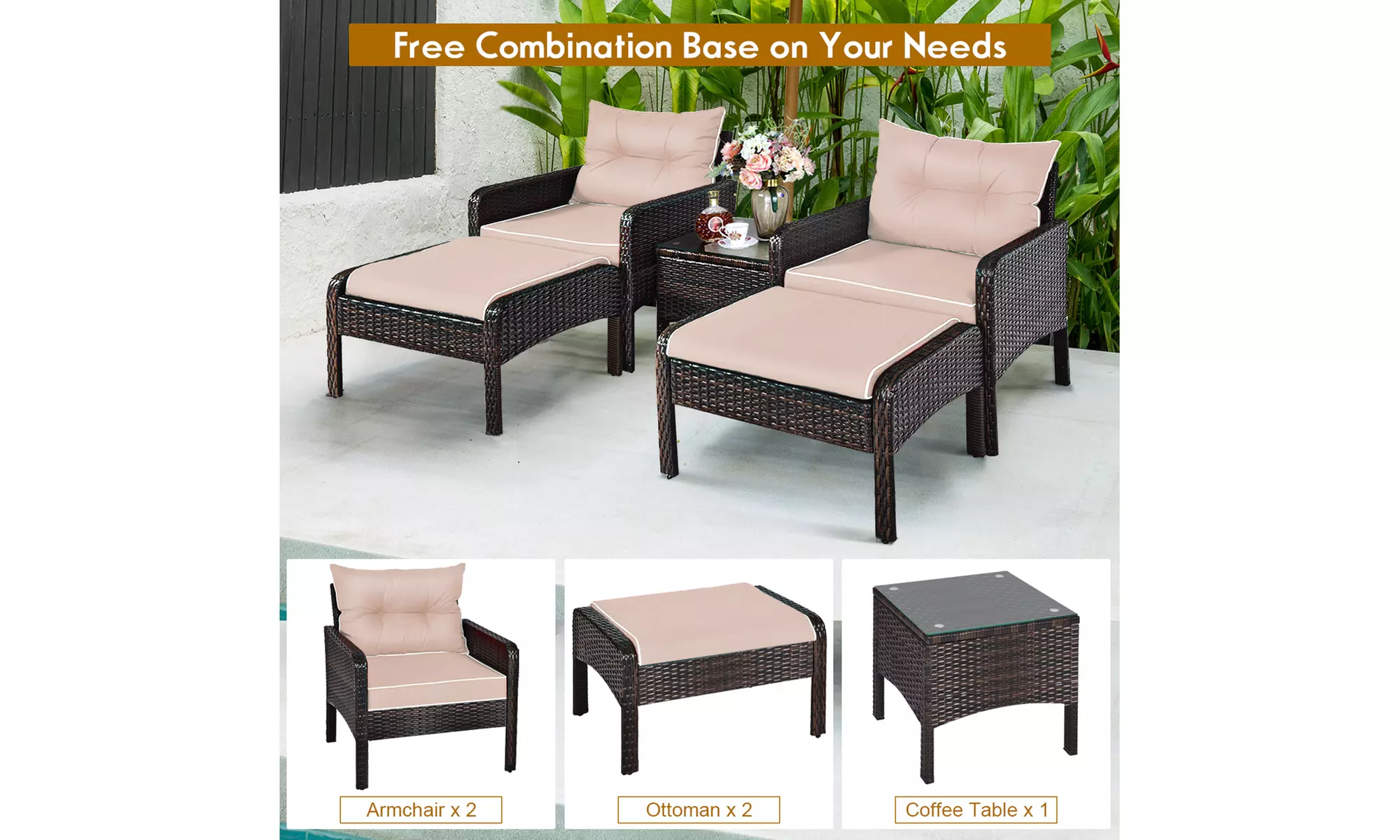 5 PCS Patio Rattan Wicker Furniture Set Sofa Ottoman Coffee Table Cushioned Yard