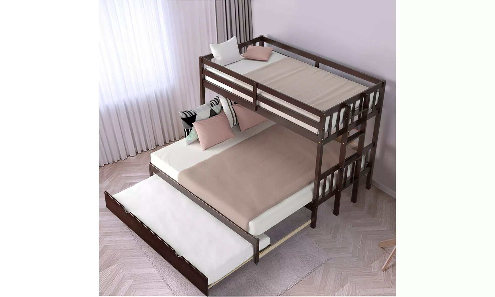 Costway Twin Over Twin Pull-Out Bunk Bed with Trundle Wooden Ladder - Primary Image