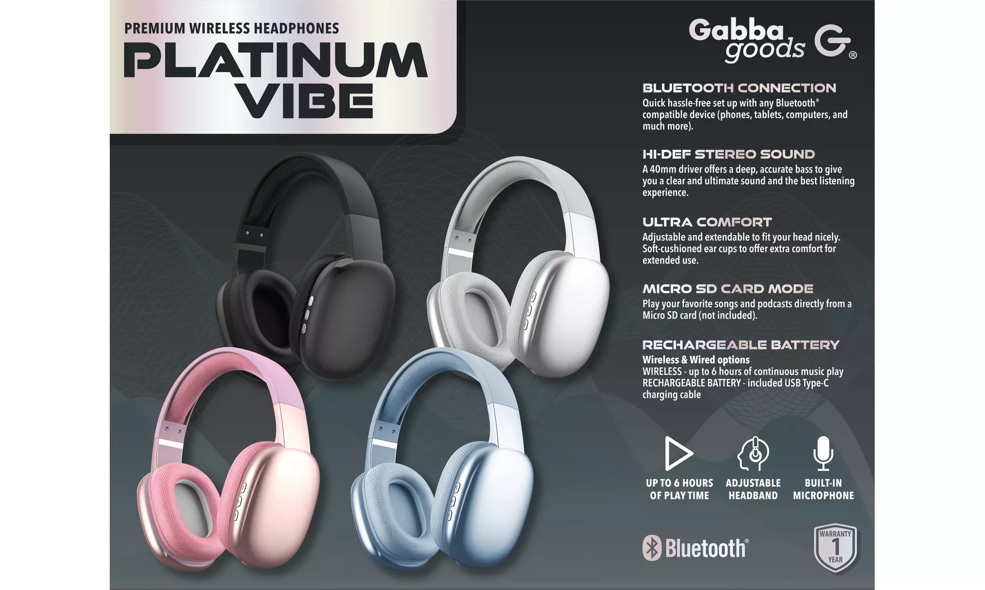GabbaGoods Platinum Vibe Premium Over Ear Bluetooth Headphones - Second Medium