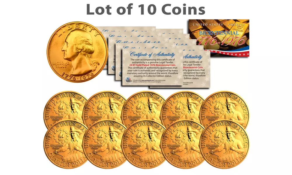 Bicentennial 1976 US Quarter 24K Gold-Plated Coin (3- or 10-Pack) - Second Medium