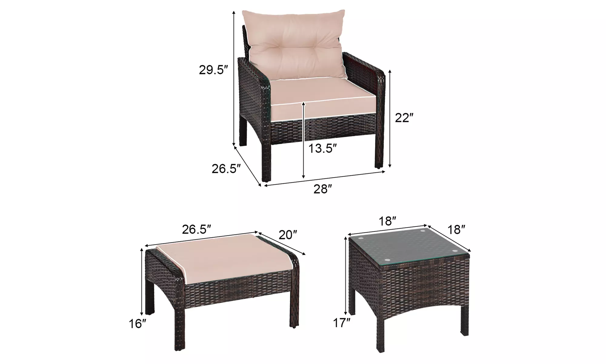 5 PCS Patio Rattan Wicker Furniture Set Sofa Ottoman Coffee Table Cushioned Yard