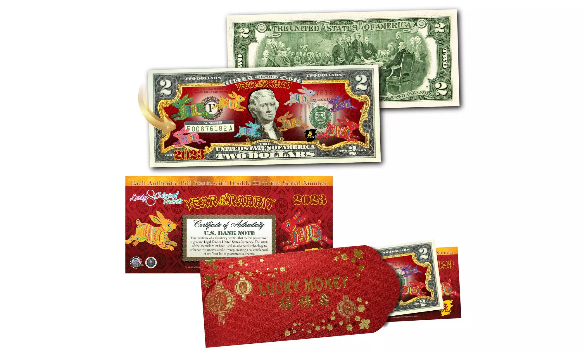 2023 Chinese New Year 8 Polychrome Rabbits 2 Dollar Bill w/Red Envelope - Primary Image