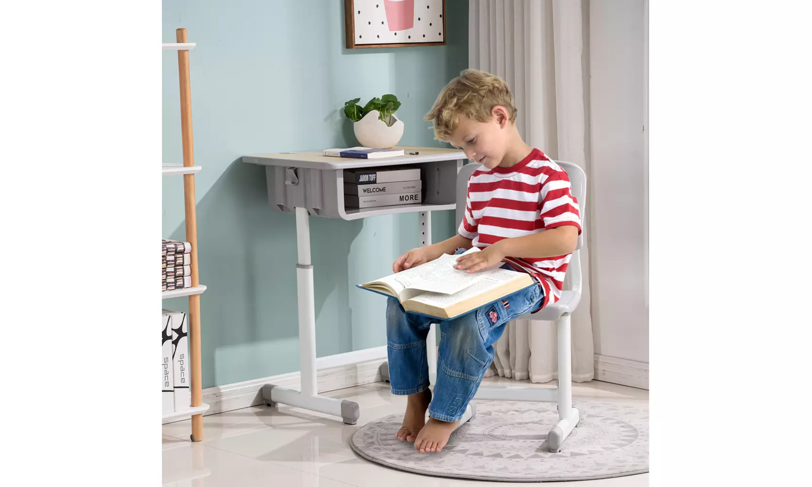 Adjustable Students Children Desk and Chairs Set Light Grey