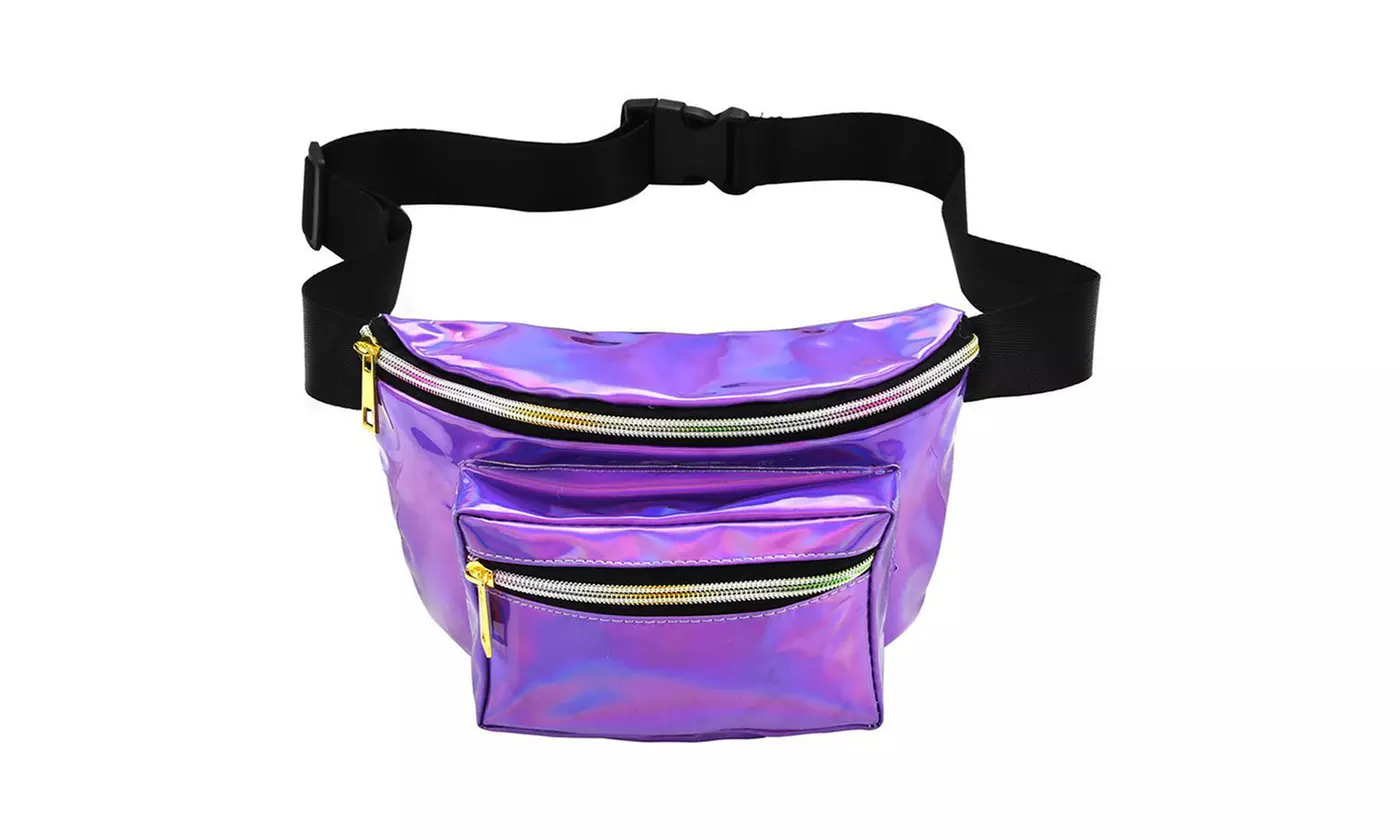 Women Holographic Fanny Pack Iridescent Shiny Waist Bag For Travel Festival Rave
