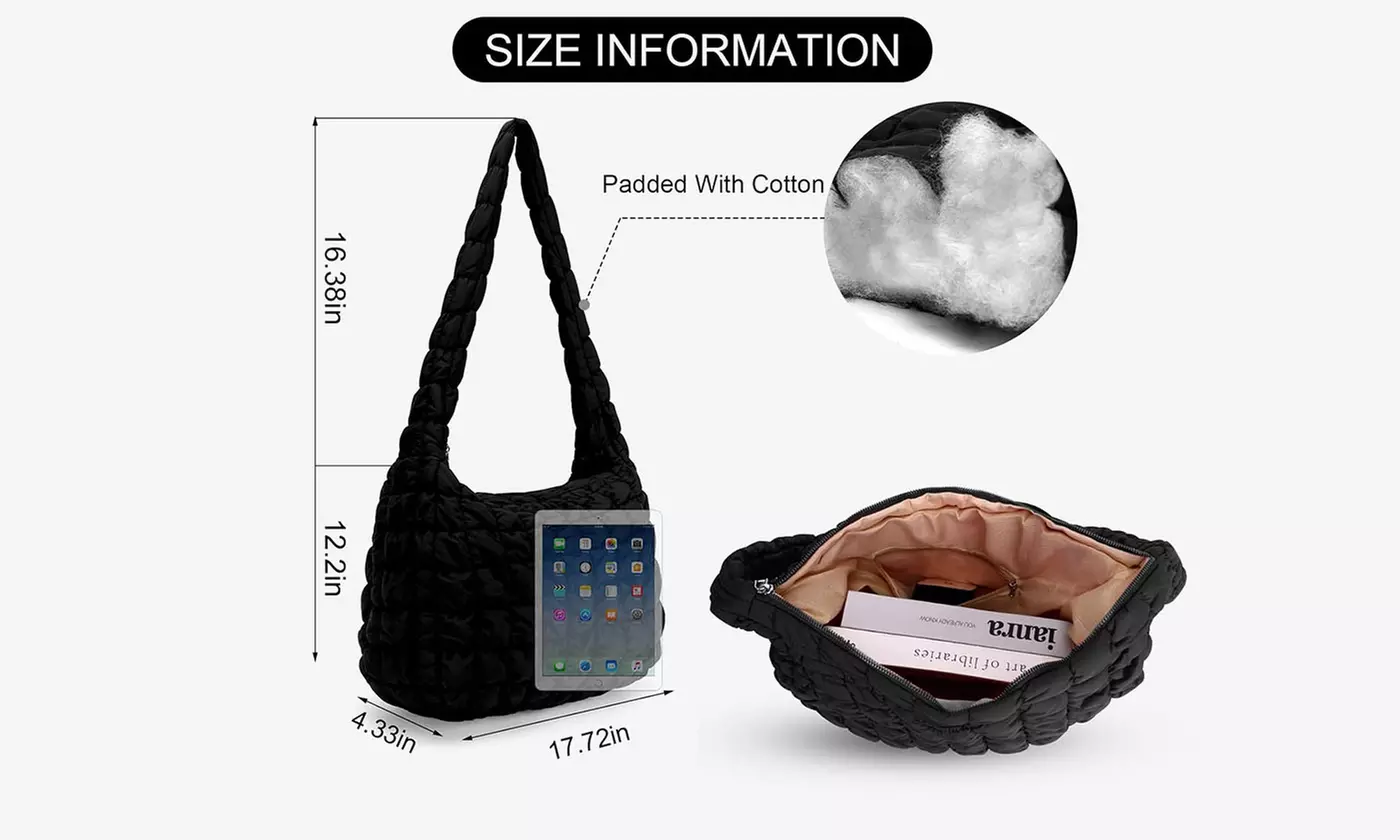 Women's Lightweight Puffy Quilted Tote Bag For Shoulder or Cross Body Wear