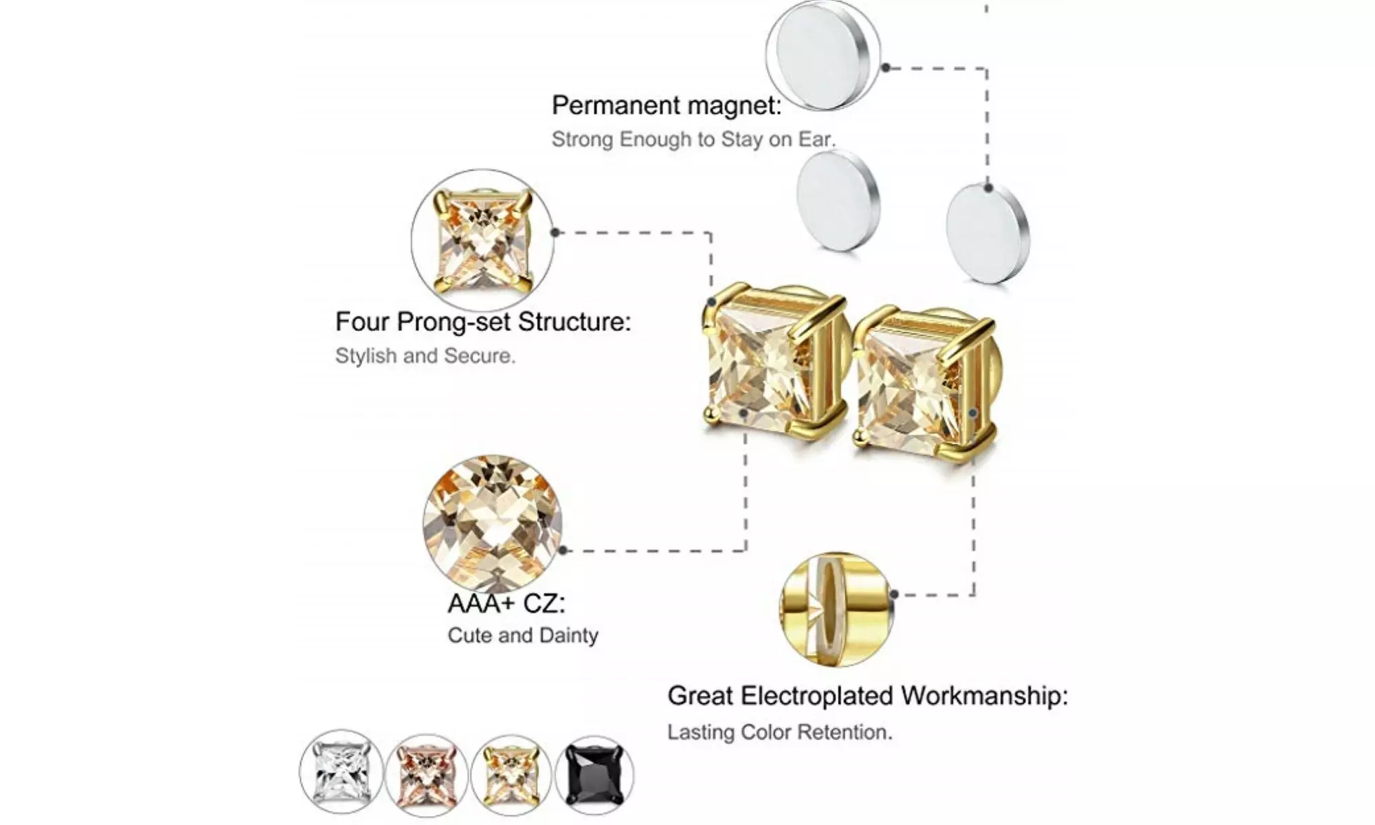 4 Pairs Magnetic Earrings Non Piercing Women Men Ear CZ Stud Stainless Steel - Second Medium