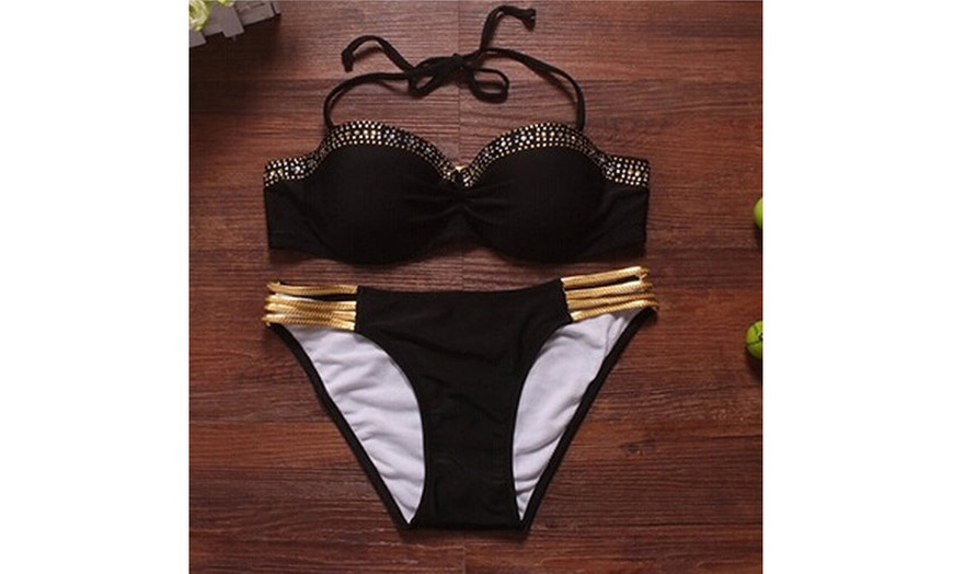 Image 3: Women Fashion Summer Sexy Halter Low Waist Rhinestone Beach Bikini Swimwear