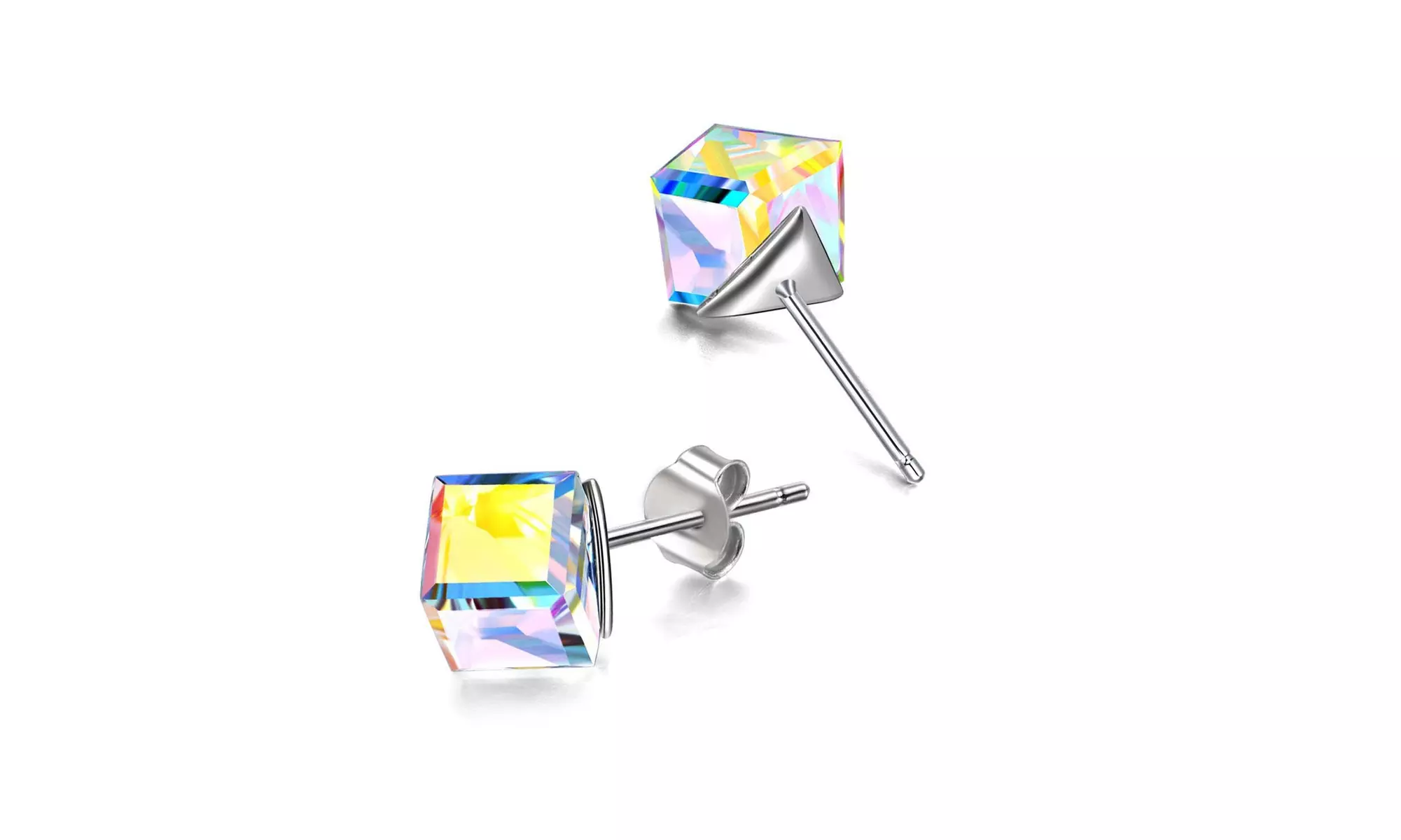 Aurora Borealis Crystal Cube Earrings Made With Crystals From Swarovski - Primary Image