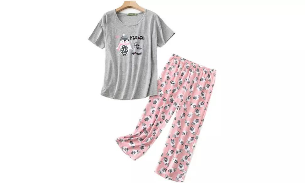 Women Summer Fun Prints Pajama Set Tops Capri Pants Casual Sleepwear
