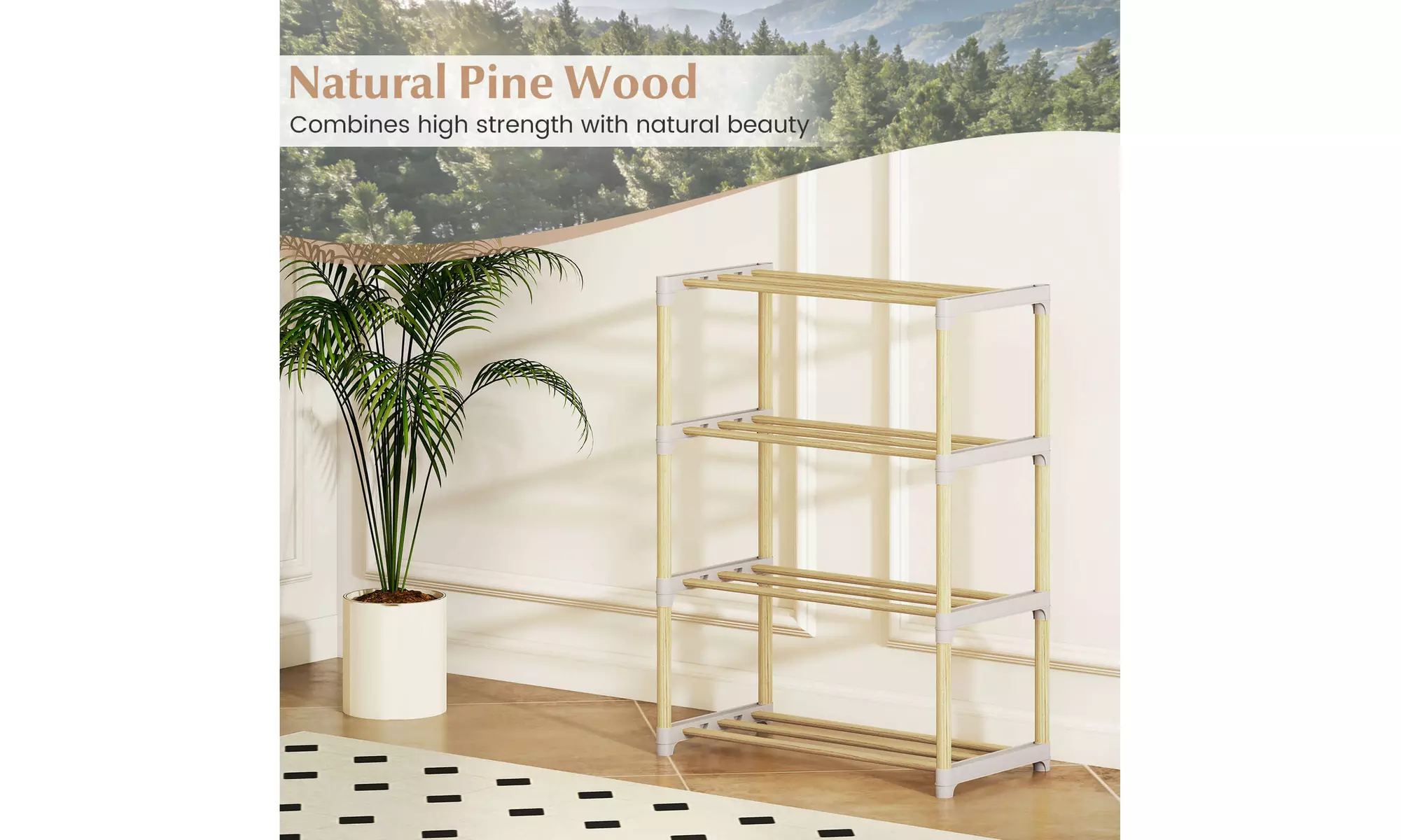 Costway Solid Wood Shoe Shelf Stand with Slatted Open Shelves for Entryway