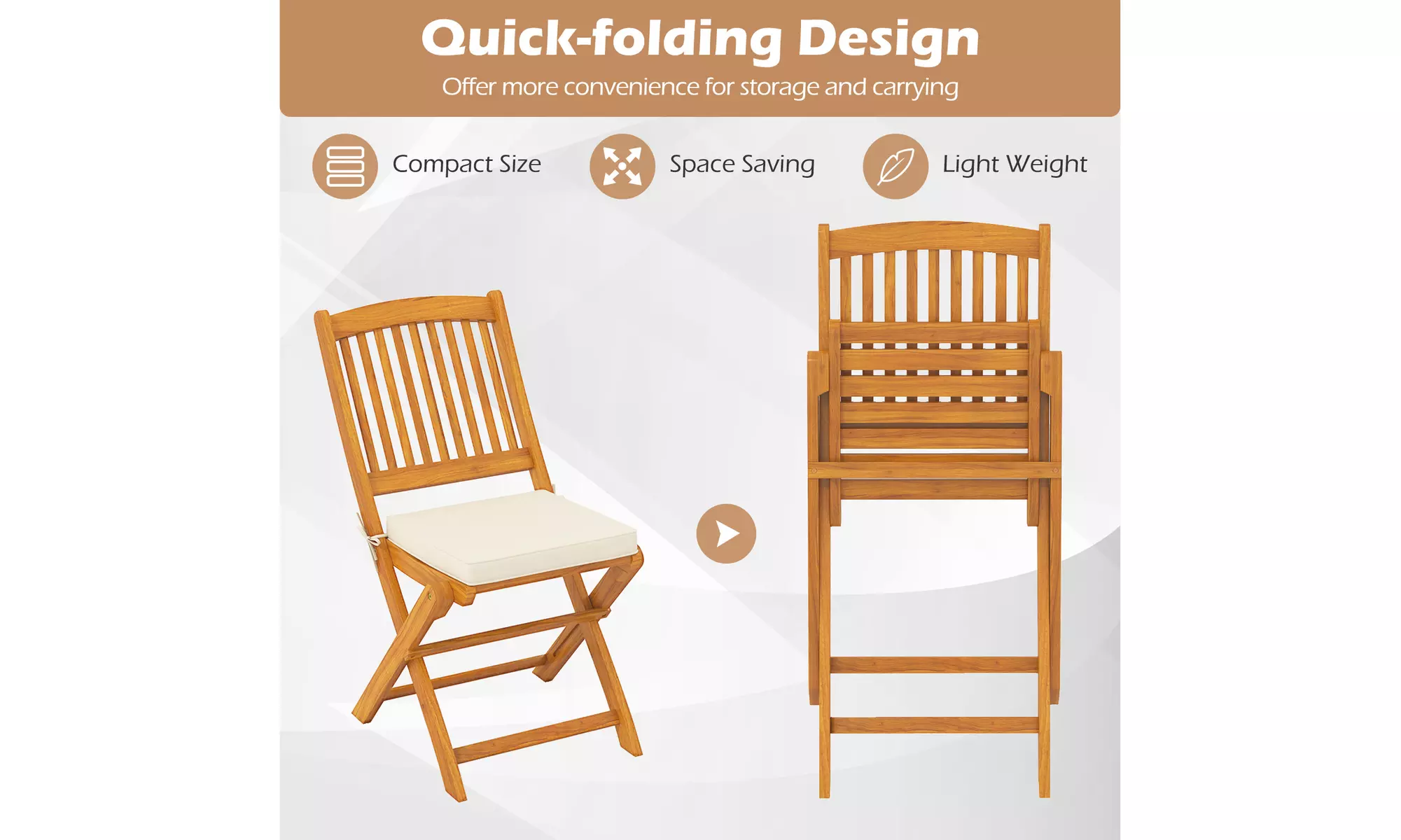 Costway Outdoor Folding Chairs Acacia Wood High-Back Chair with Seat Cushions