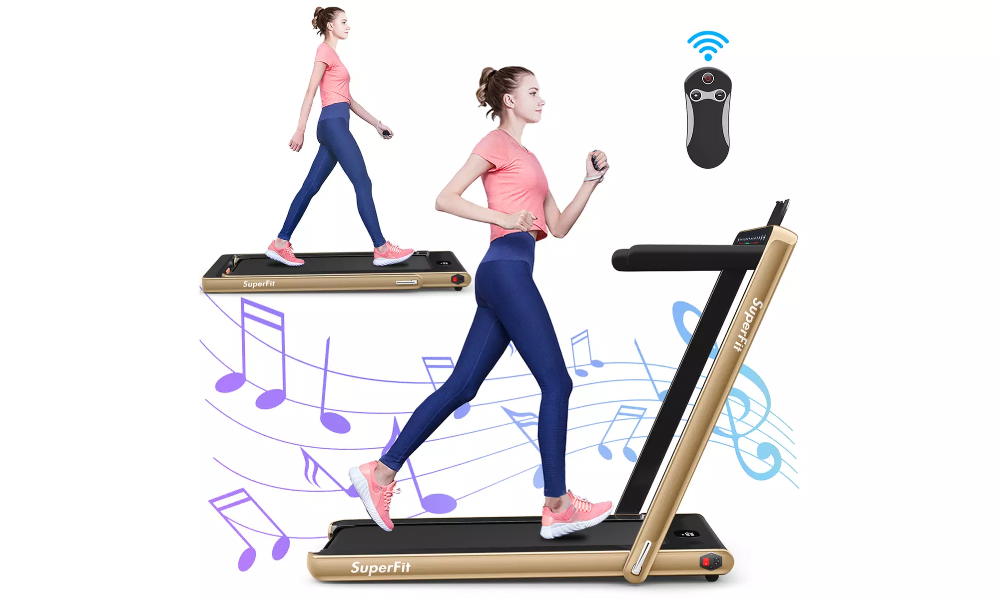 Costway 2 in 1 Folding Treadmill 2.25HP Running Machine w/ Dual display Gold - Primary Image
