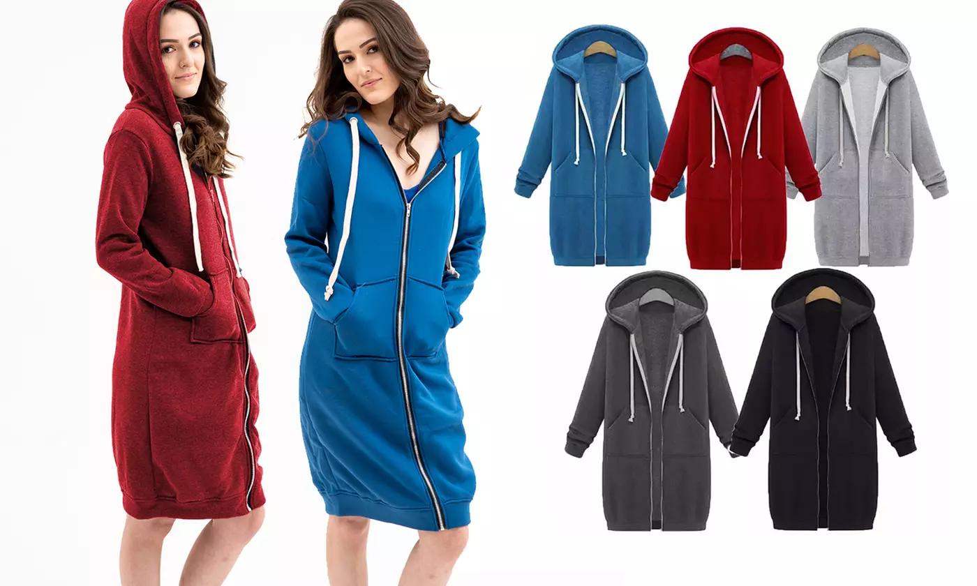 Women Long Hoodies Sweatshirt Coat Pockets Zip up Outerwear Casual Jacket - Primary Image