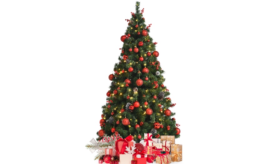 Costway 6ft Pre-lit Hinged Christmas Tree W/ Pine Cones Red Berries ...