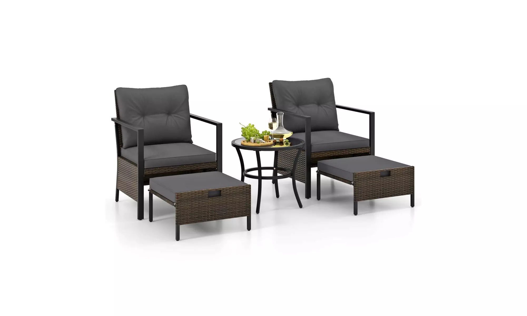 Costway 5 PCS Outdoor Furniture Set Rattan Chairs & Ottomans with Coffee Table