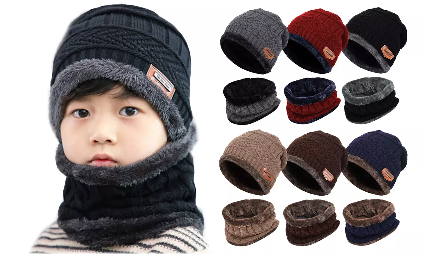 2 PCS Kids Winter Beanie Skull Cap Hat and Circle Scarf Set Warm Snow Knit  - Primary Image
