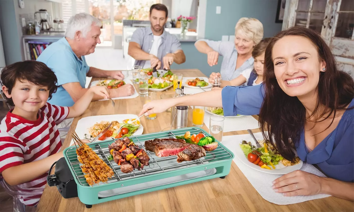 NewHome 1500W 2-In-1 Electric Indoor BBQ Grill with Grill Net and Raclette Trays