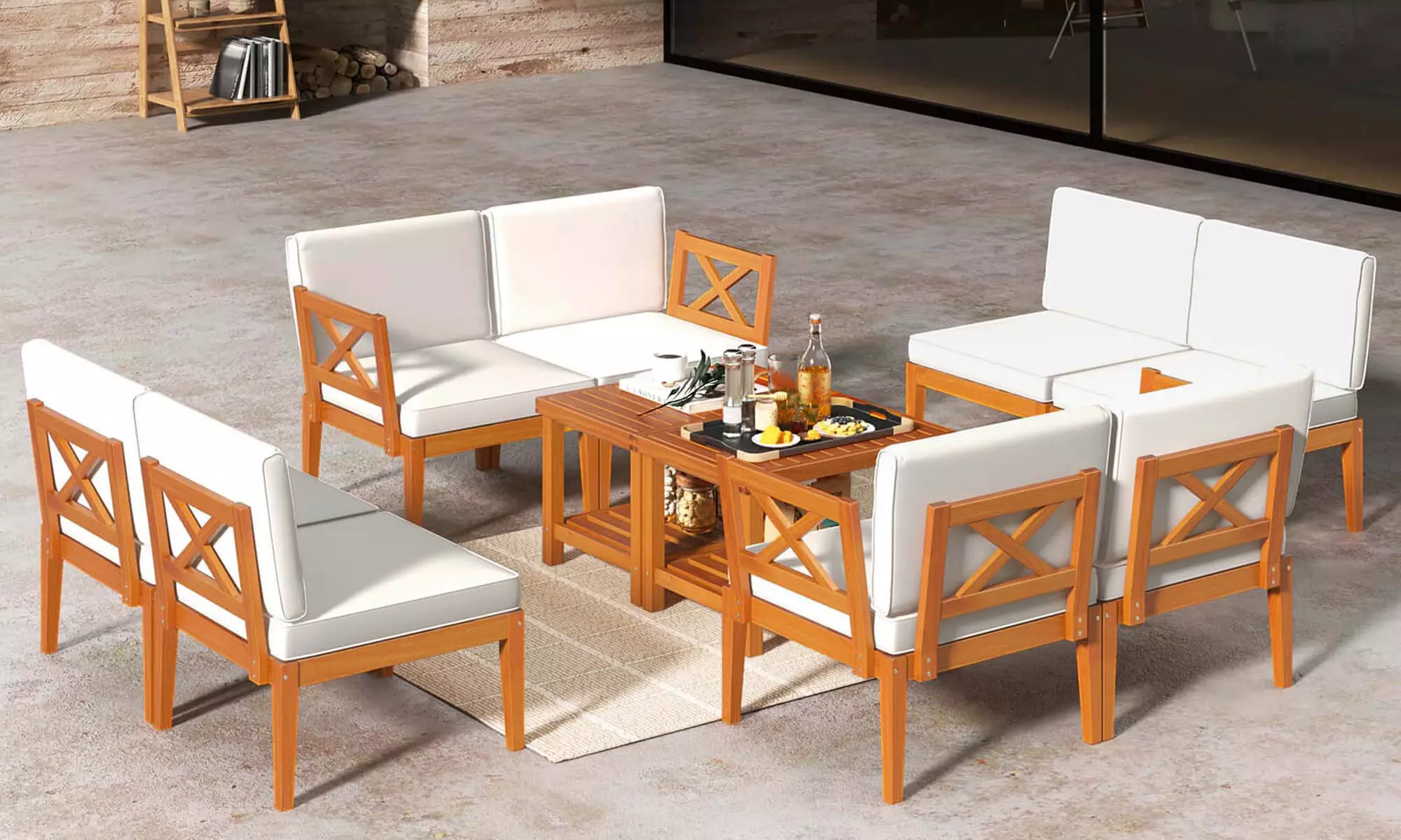 Costway Acacia Wood Patio Furniture Set with Cushions and 2-Tier Coffee Table