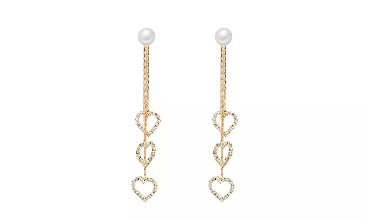 925 Silver Needle Douyin Pearl Long Hollow Out Heart Shape Diamond Stud Earrings - Second Medium